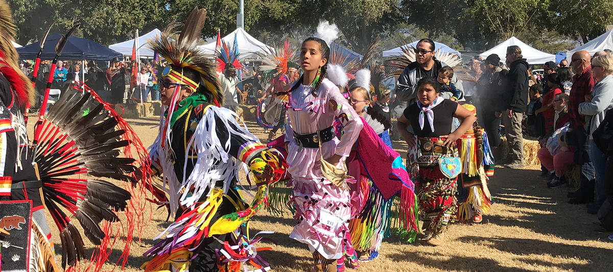 Robin Hebrock/Pahrump Valley Times Attired in the regalia of their tribes, Pahrump Powwow dance ...
