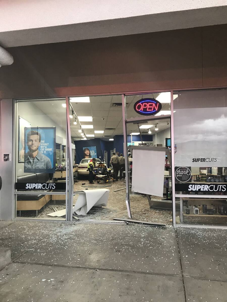 Special to the Pahrump Valley Times A car crashed into Supercuts on South Highway 160 near Basi ...