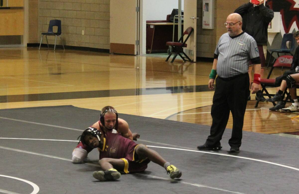 Danny Smyth/Pahrump Valley Times Pahrump Valley wrestler Jacob Gray holding his opponent's arms ...