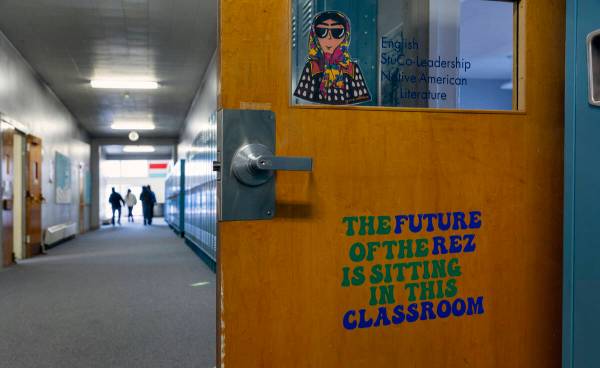 Classroom door for teacher Cheryl Hernandez at the Owyhee Combined School which sits on top of ...