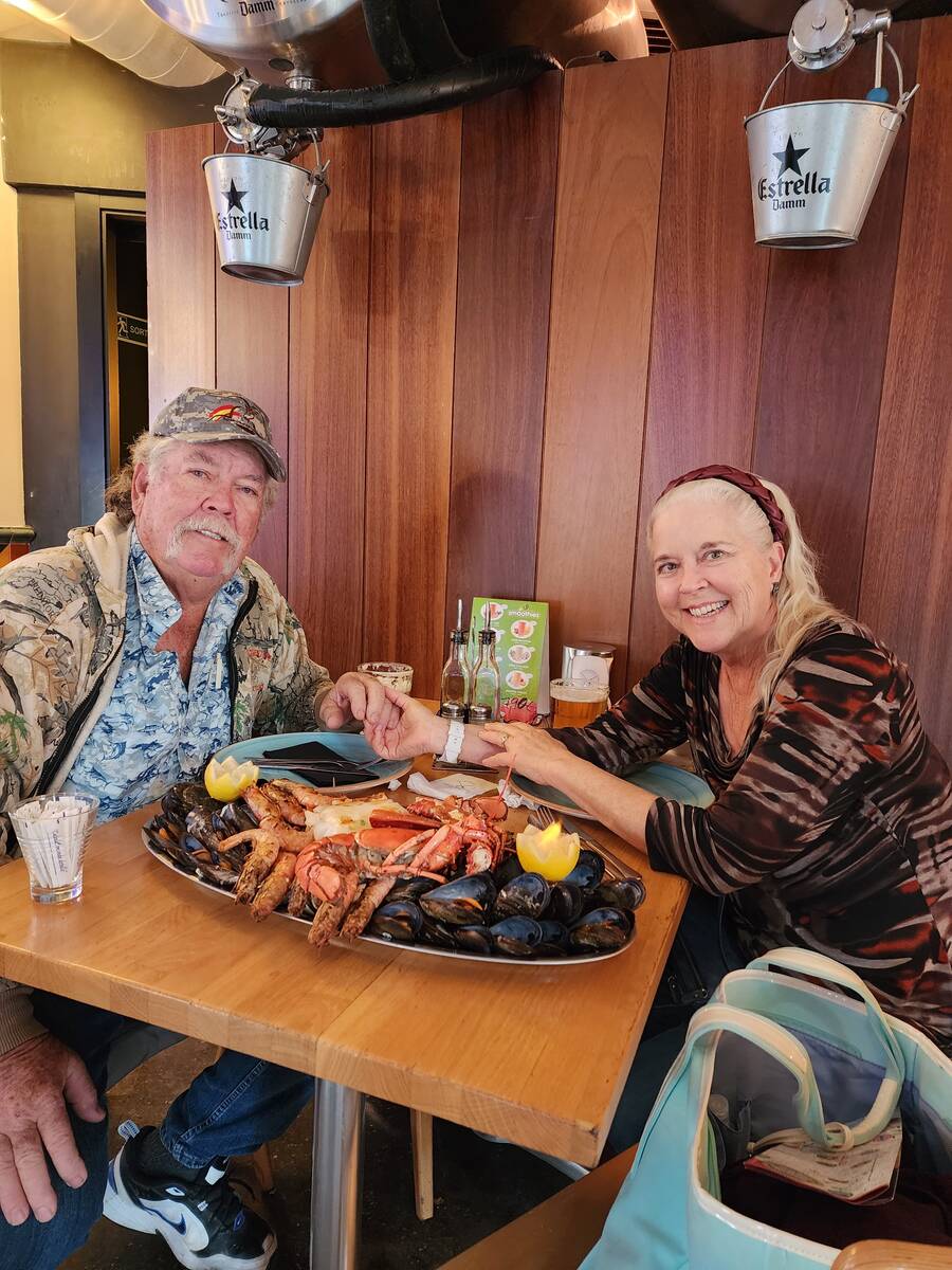 Special to the Pahrump Valley Times Debra and Larry Strickland enjoy fine wine and good food af ...