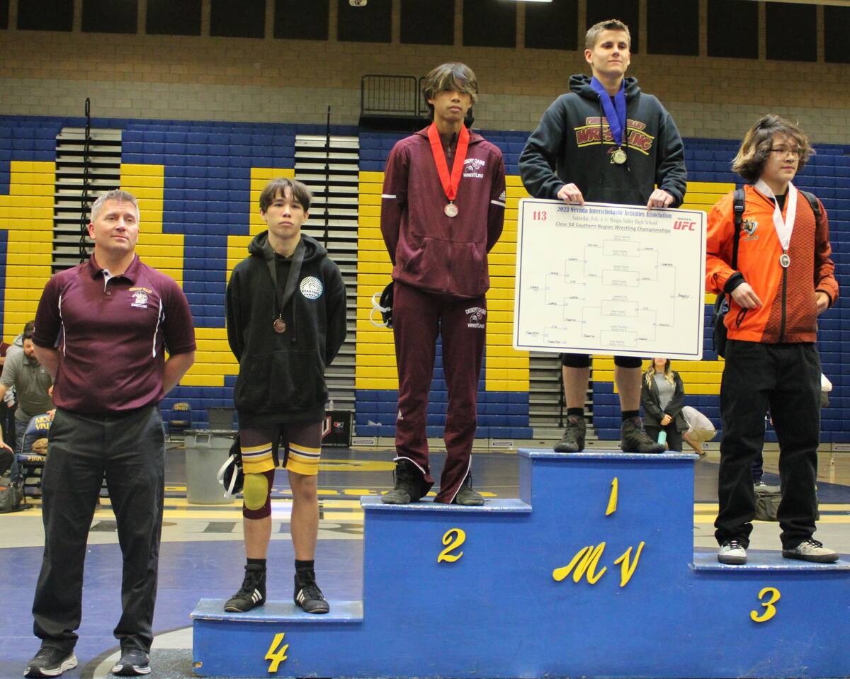 Danny Smyth/Pahrump Valley Times Pahrump Valley senior Tyler Heaney (second from right) won gol ...