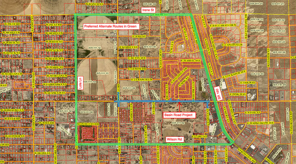 Special to the Pahrump Valley Times Highlighted in green are the alternative routes Nye County ...