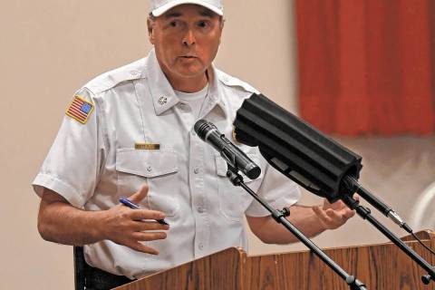 Richard Stephens/Pahrump Valley Times file Pahrump Fire Chief Scott Lewis speaks to attendees a ...