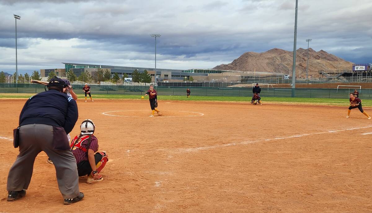 Danny Smyth/Pahrump Valley Times Junior pitcher Cat Sandoval (2) delivering a pitch during the ...