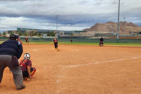 Danny Smyth/Pahrump Valley Times Junior pitcher Cat Sandoval (2) delivering a pitch during the ...