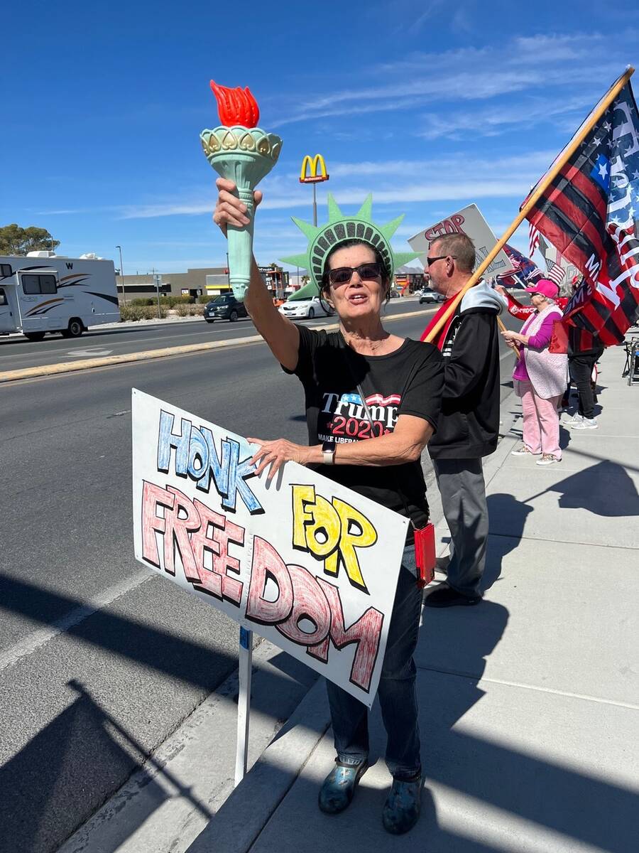 Pamela Morgan dressed as Lady Liberty at a rally in Pahrump on Saturday, April 1 in support of ...