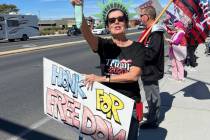 Pamela Morgan dressed as Lady Liberty at a rally in Pahrump on Saturday, April 1 in support of ...