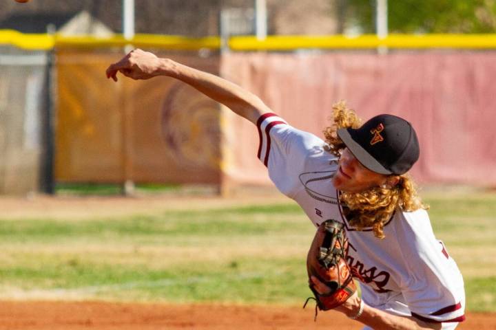 John Clausen/Pahrump Valley Times Senior Matt Arrey (9) delivering a pitch to a Western batter ...