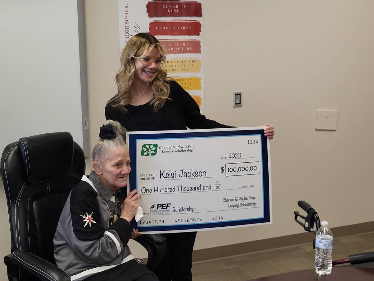 Kelsi Jackson, right, and her grandmother Mary Ann Ratay hold up the celebratory check for the ...