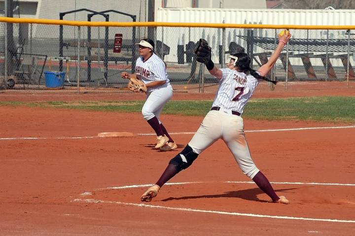 Horace Langford Jr./Pahrump Valley Times Senior pitcher Cat Sandoval (2) delivering a pitch dur ...