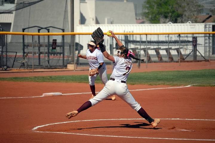 Horace Langford Jr./Pahrump Valley Times Junior pitcher Cat Sandoval (2) pitching in Pahrump Va ...