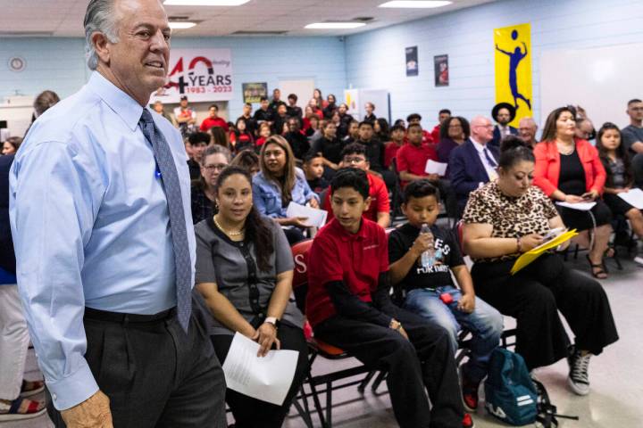 Gov. Joe Lombardo arrives at Mountain View Christian School to host a roundtable discussion wit ...