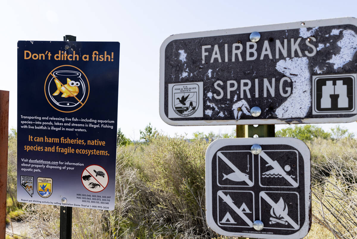 "Don't ditch a fish" sign is posted at Fairbanks Spring at Ash Meadows National Wildl ...