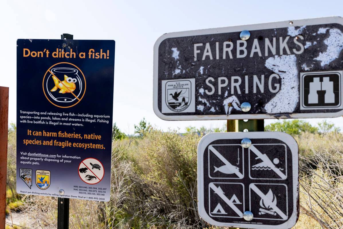 "Don't ditch a fish" sign is posted at Fairbanks Spring at Ash Meadows National Wildl ...