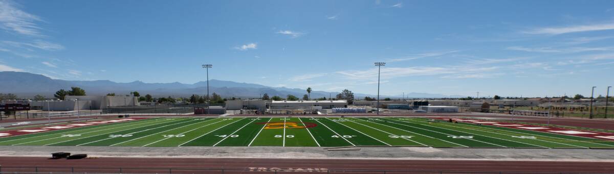 John Clausen/Pahrump Valley Times The new turf field at Pahrump Valley high school is nearly co ...