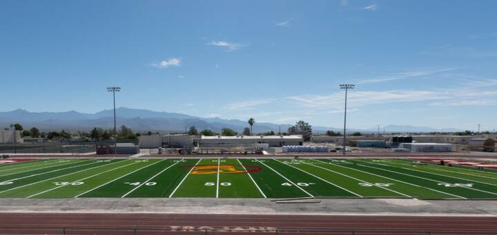 John Clausen/Pahrump Valley Times The new turf field at Pahrump Valley high school is nearly co ...