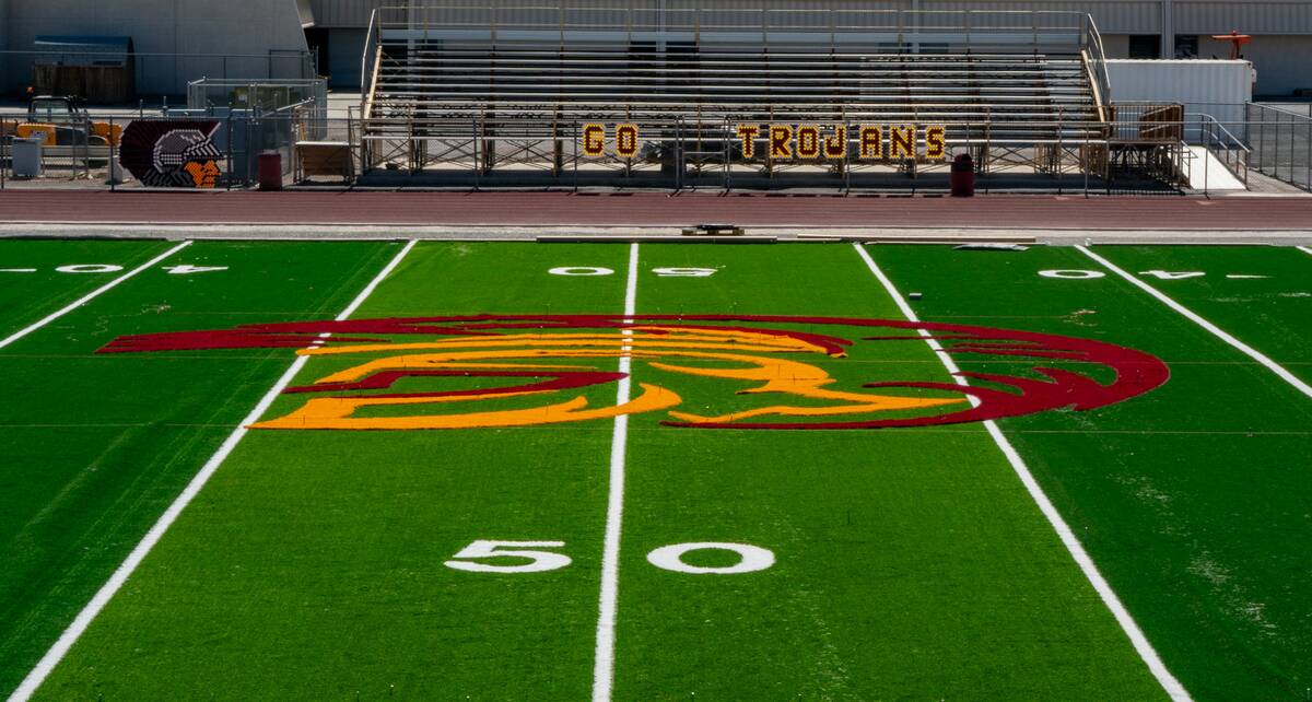 John Clausen/Pahrump Valley Times The new turf field at Pahrump Valley high school is nearly co ...