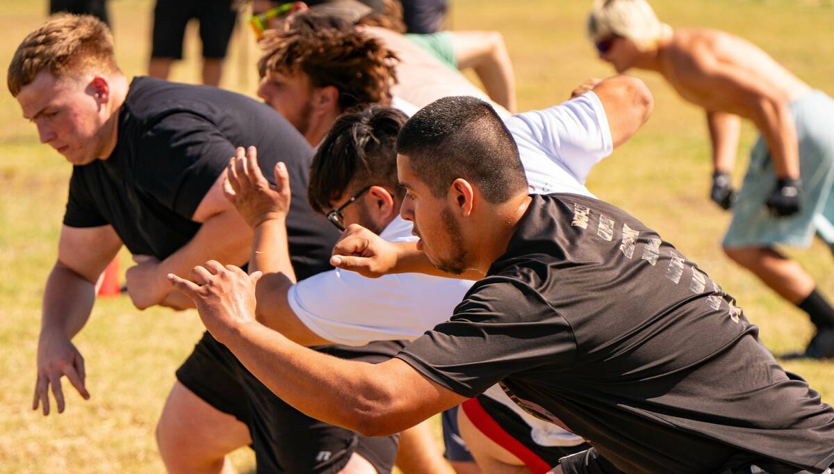 John Clausen/Pahrump Valley Times The football's team offensive line working on their pass-bloc ...