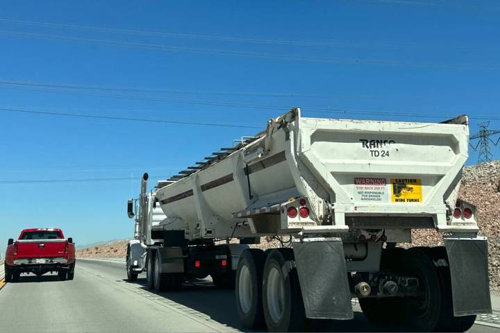 A dump truck is seen on Interstate 11 in Henderson on Tuesday, Aug. 29, 2023. (Mick Akers/Las V ...