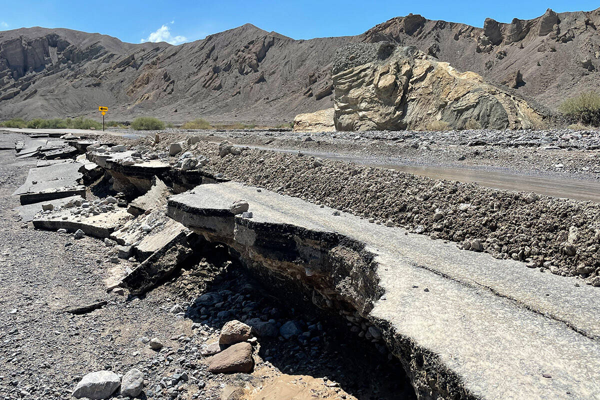 A damaged portion of state Route 190 damage east of Furnace Creek at Death Valley National Park ...