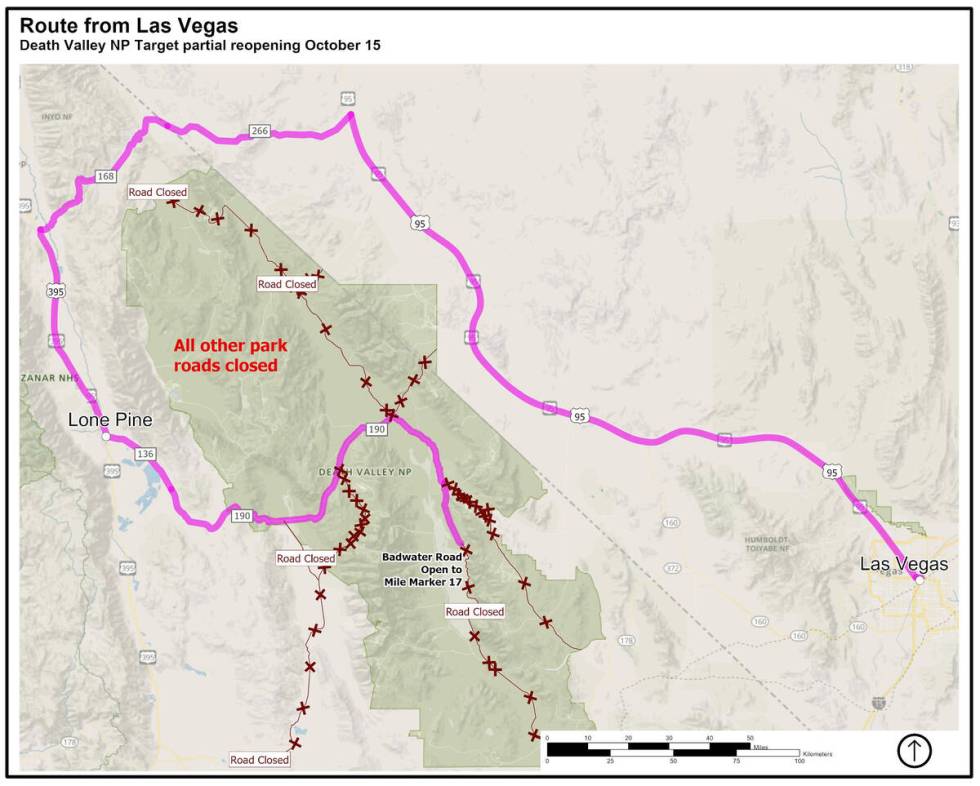 A map shows routes into Death Valley National Park that are slated to be accessible from Las Ve ...