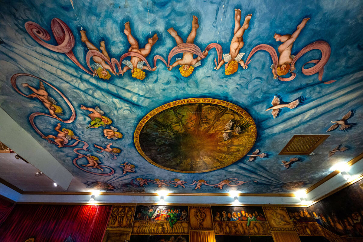 The handpainted ceiling by former owner and performer Marta Becket within the Amargosa Opera Ho ...