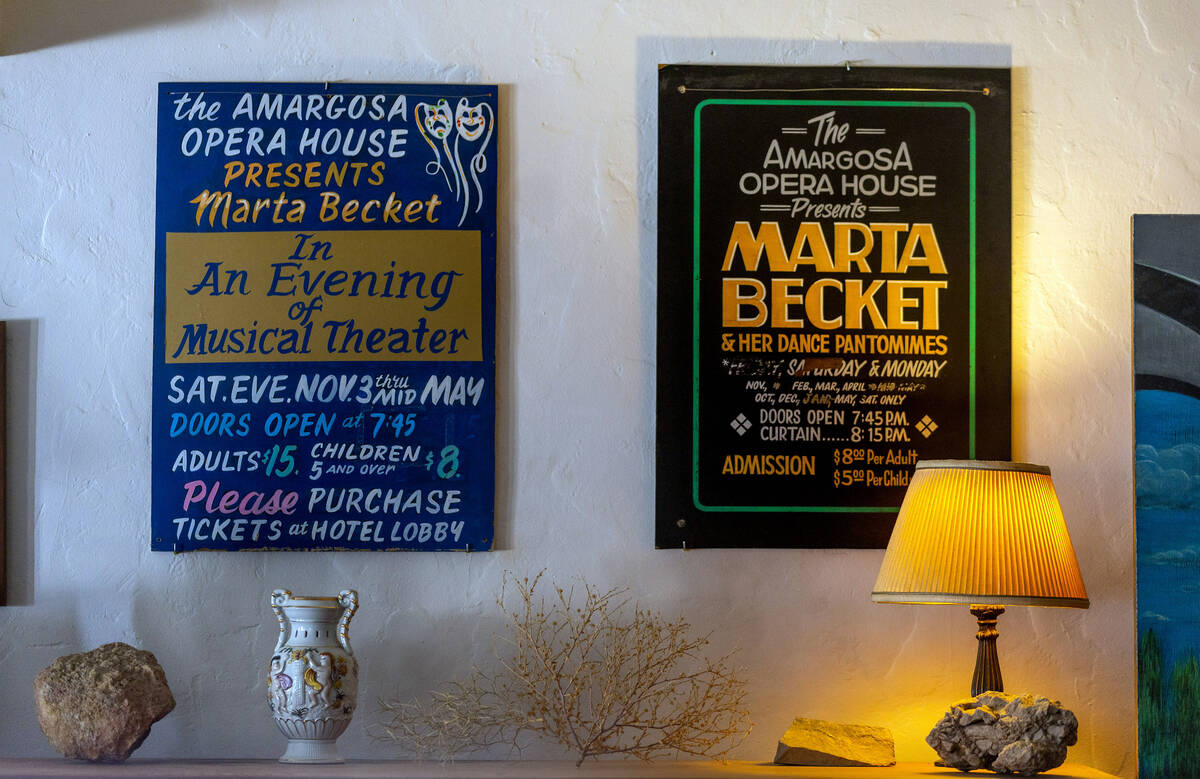 Old metal signs about former owner Marta Becket on a lobby wall in the Amargosa Hotel which suf ...