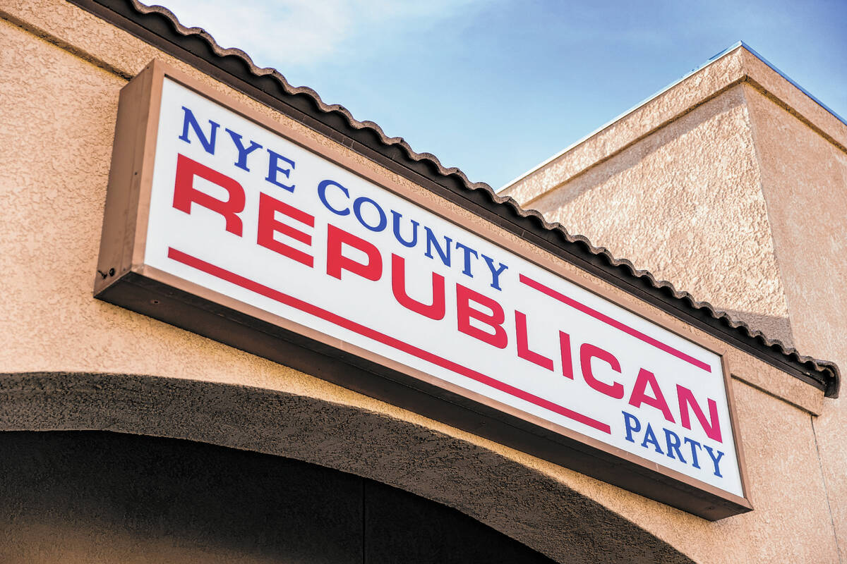 Signage outside the Nye County Republican Central Committee office on Monday, Jan. 11, 2021, in ...