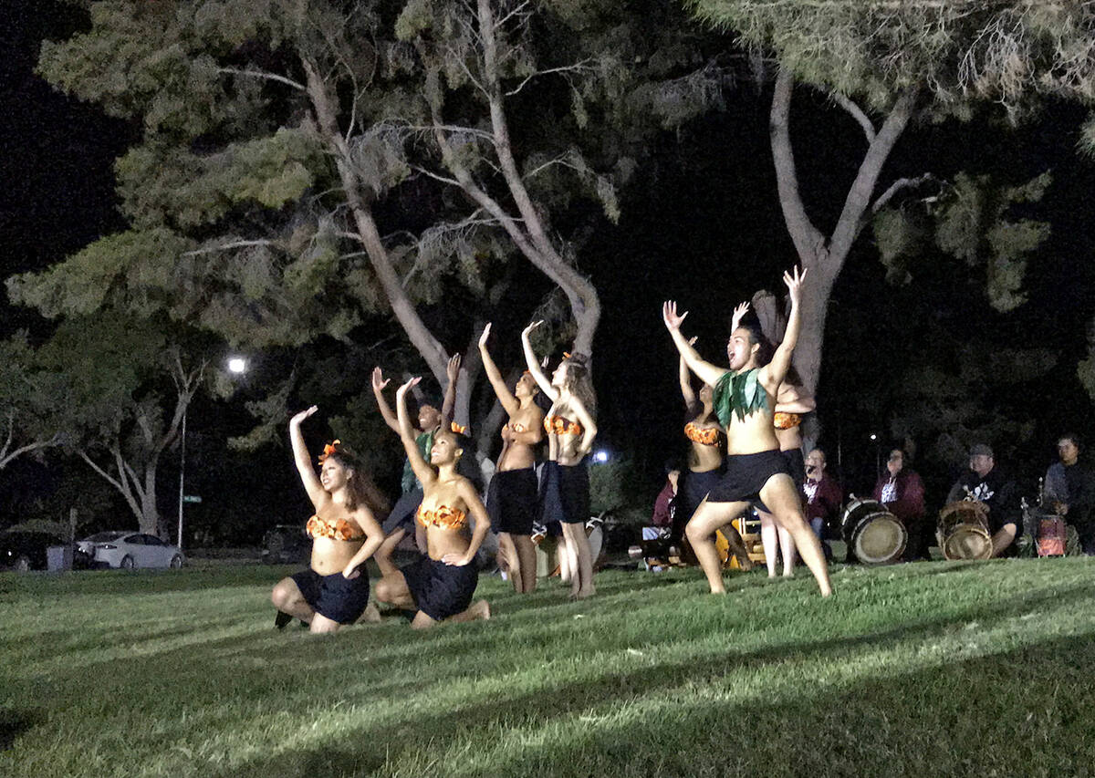 Robin Hebrock/Pahrump Valley Times Rau Tama Nui dancers are shown finishing a routine with a st ...
