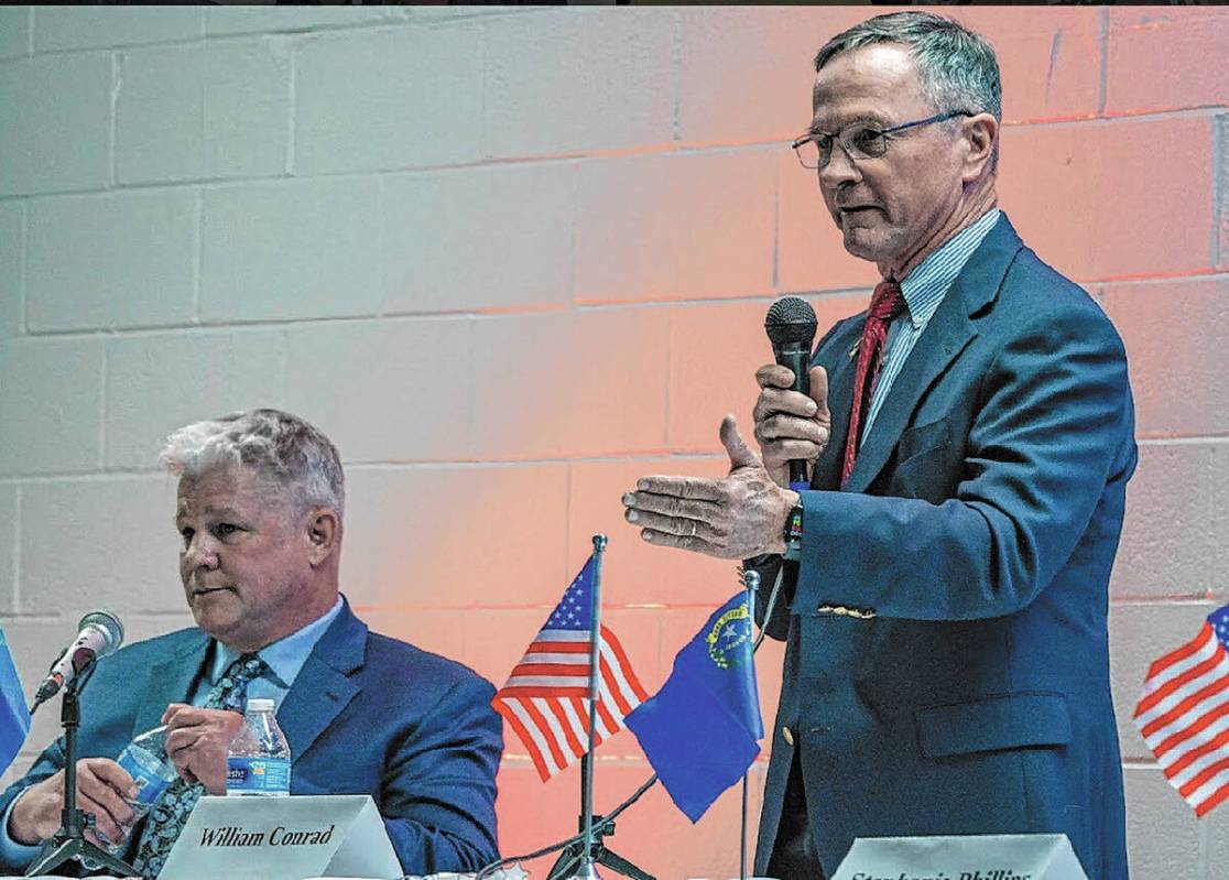 John Clausen/Pahrump Valley Times William Conrad addresses a crowd of voters at the ...