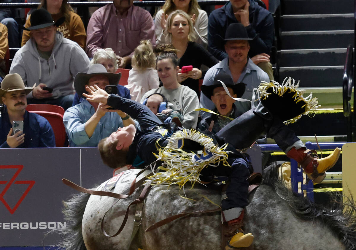 Jacob Lees holds on to his horse while he competes in bareback riding on day six of the Nationa ...