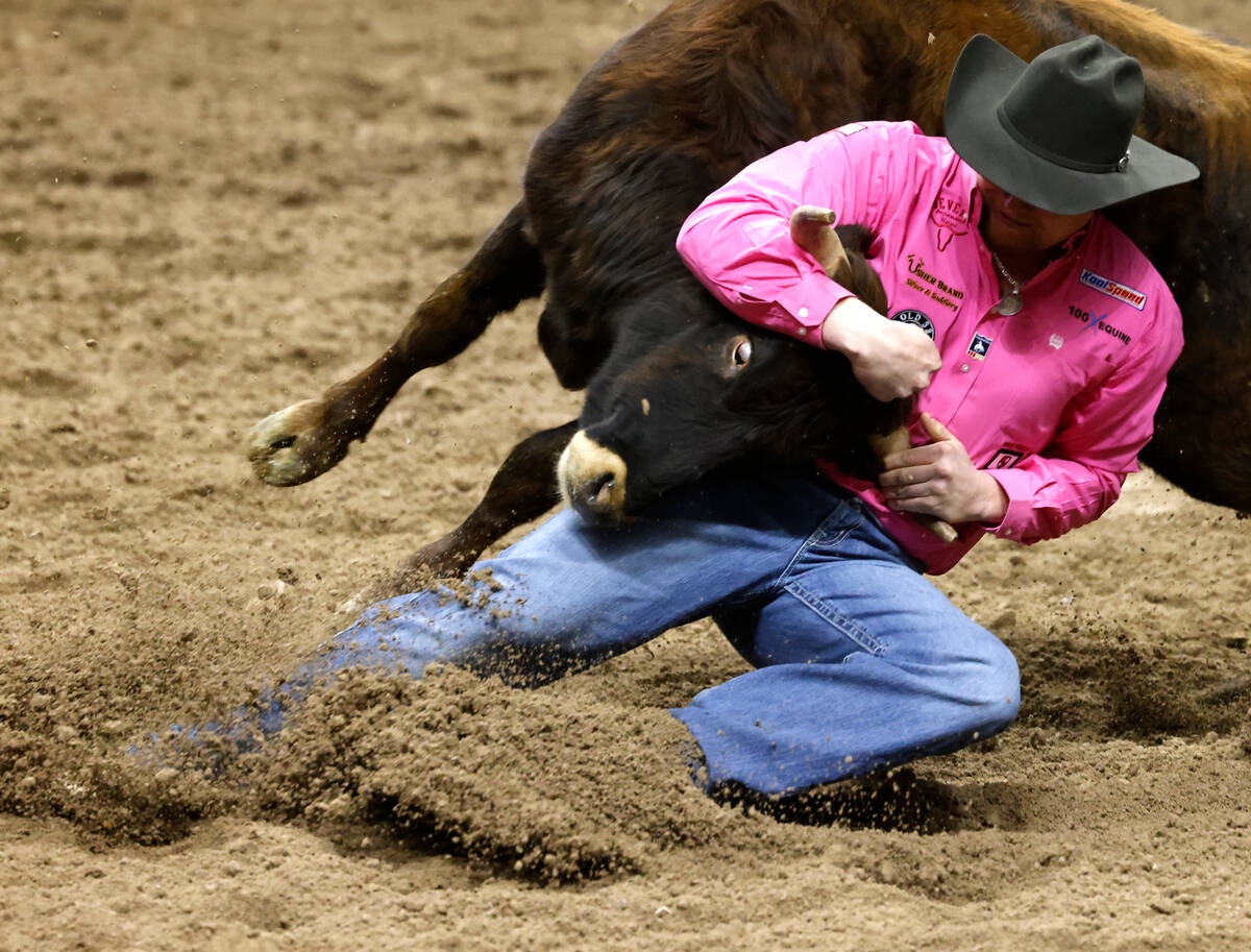 Cody Devers wrestles a steer to the ground while he competes in steer wrestling on day six of t ...