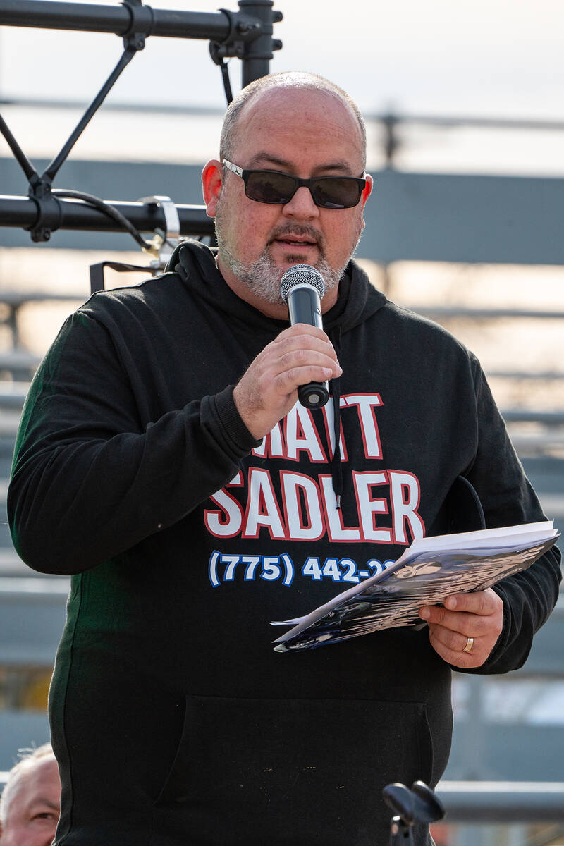 John Clausen/Pahrump Valley Times Matt Sadler of A Hope Bail Bonds addresses the crowd at Winte ...