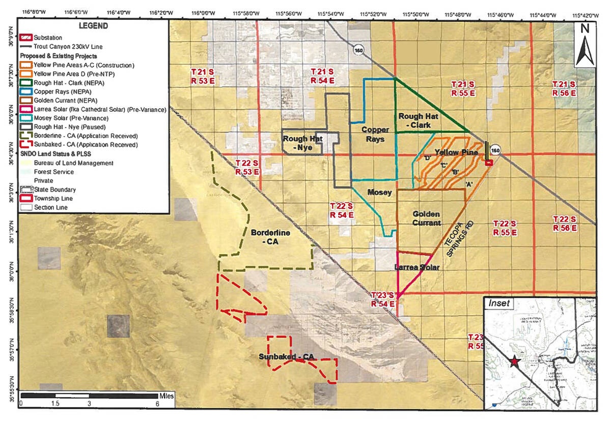 Special to the Pahrump Valley Times This map shows the location of various solar projects propo ...