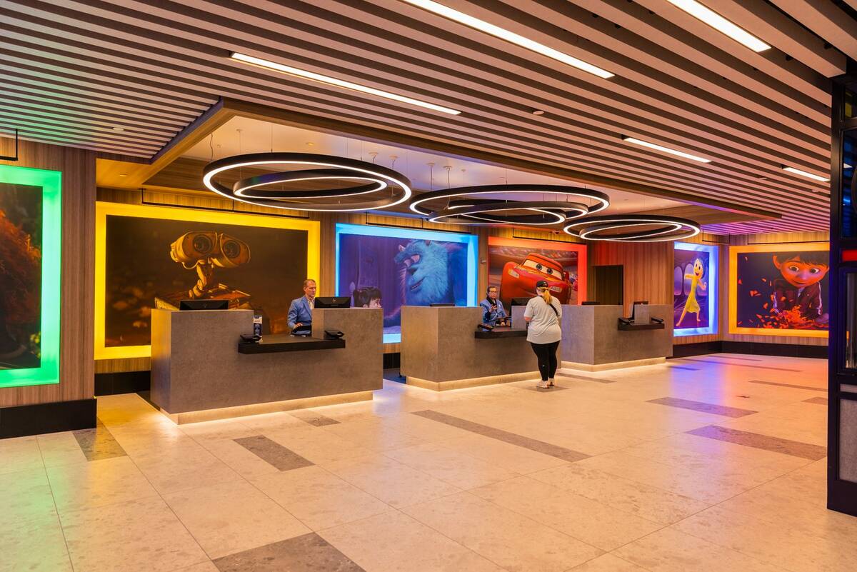 Featuring portraits and maquettes of iconic Pixar characters, the main lobby invites guests to ...