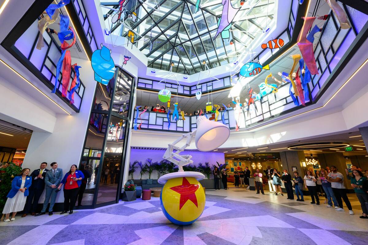 A sculpture of the iconic Pixar Ball and Lamp welcomes guests at the front lobby entrance of Pi ...