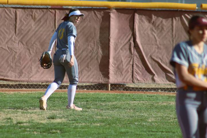 Taylor Brown (13) in the outfield at Pahrump Valley High School playing against Moapa Valley on ...