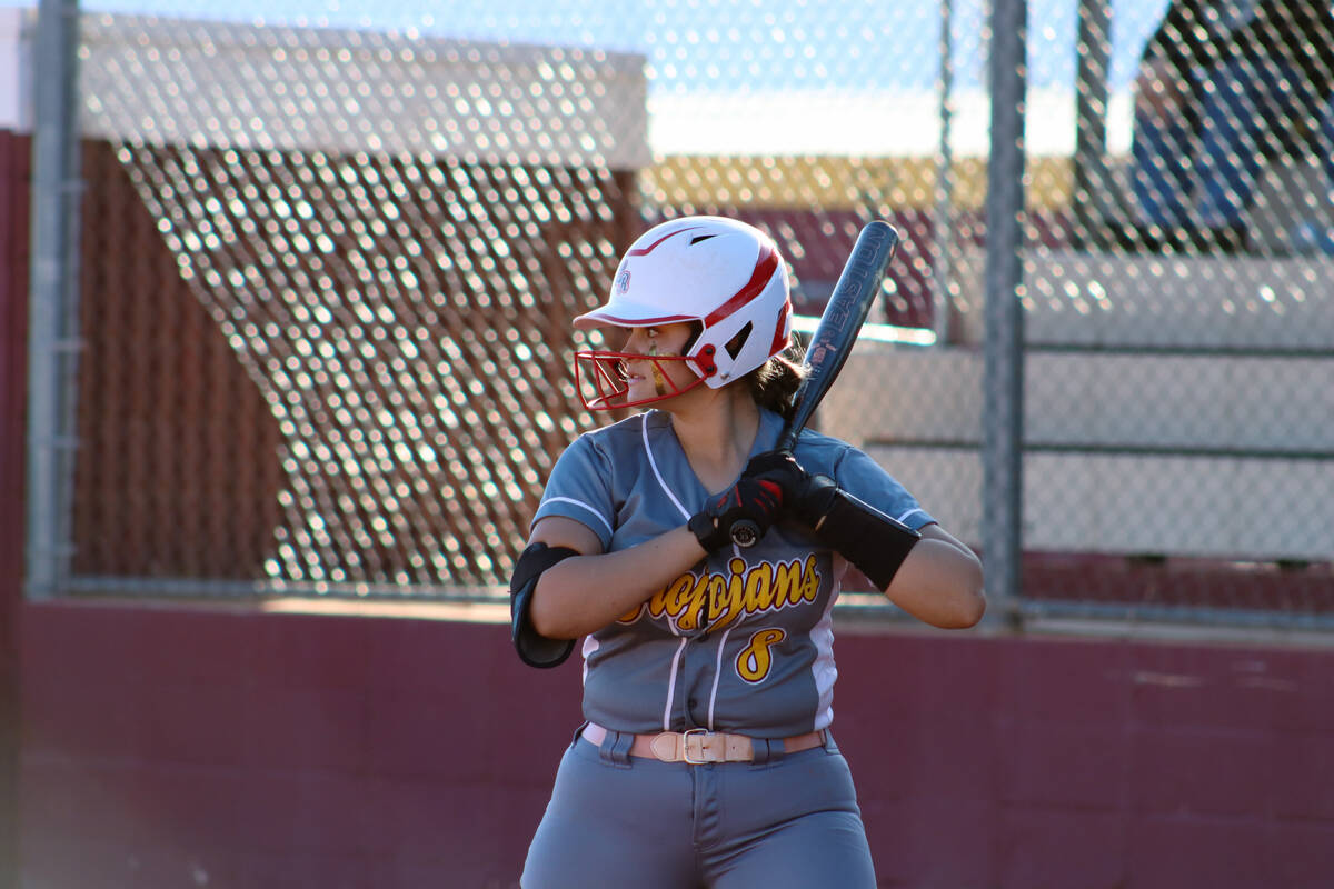 Evalenne Armendariz (8) about to bat against the Moapa Valley Pirates on Friday, March 8, 2024. ...