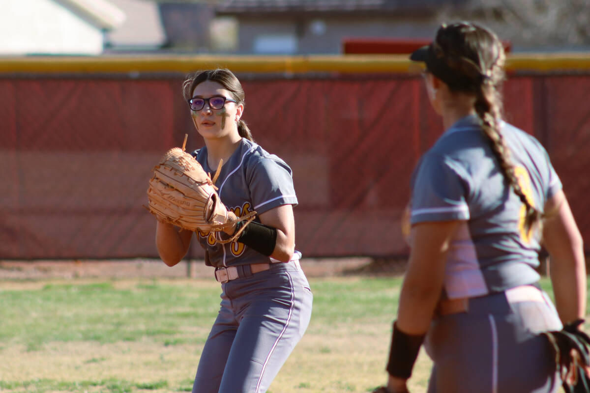 Ava Chiancone (3) is about to throw the ball during a softball game against Moapa Valley on Fri ...