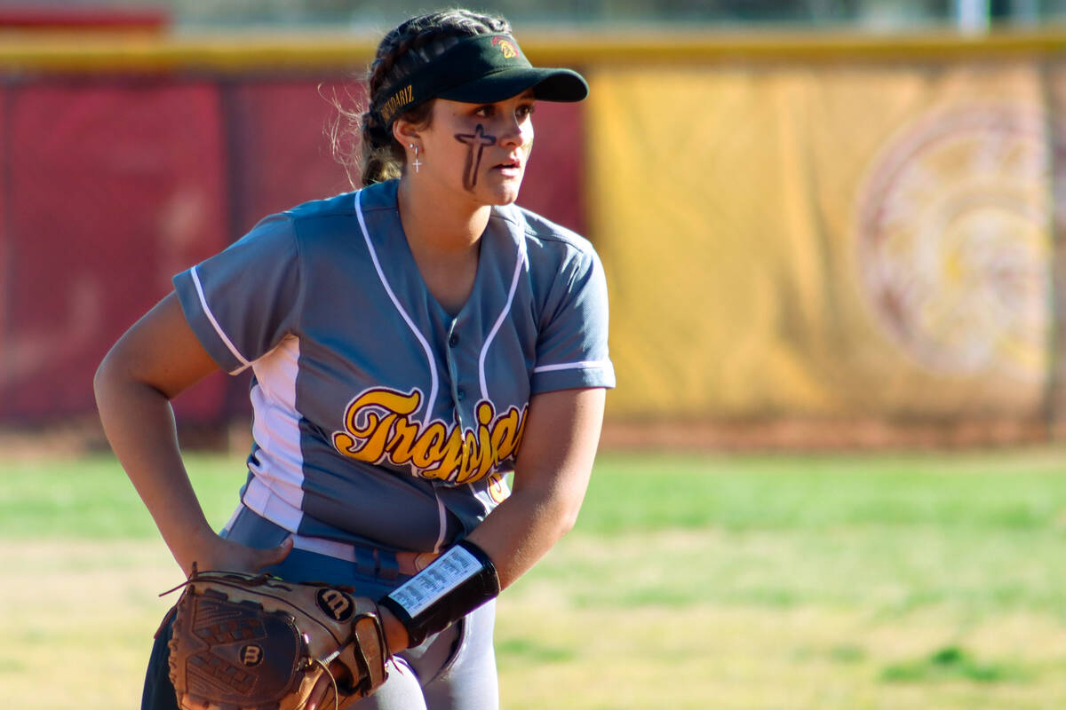 Evalenne Armendariz (8) about to pitch the ball to the Moapa Valley Pirate on Friday, March 8, ...