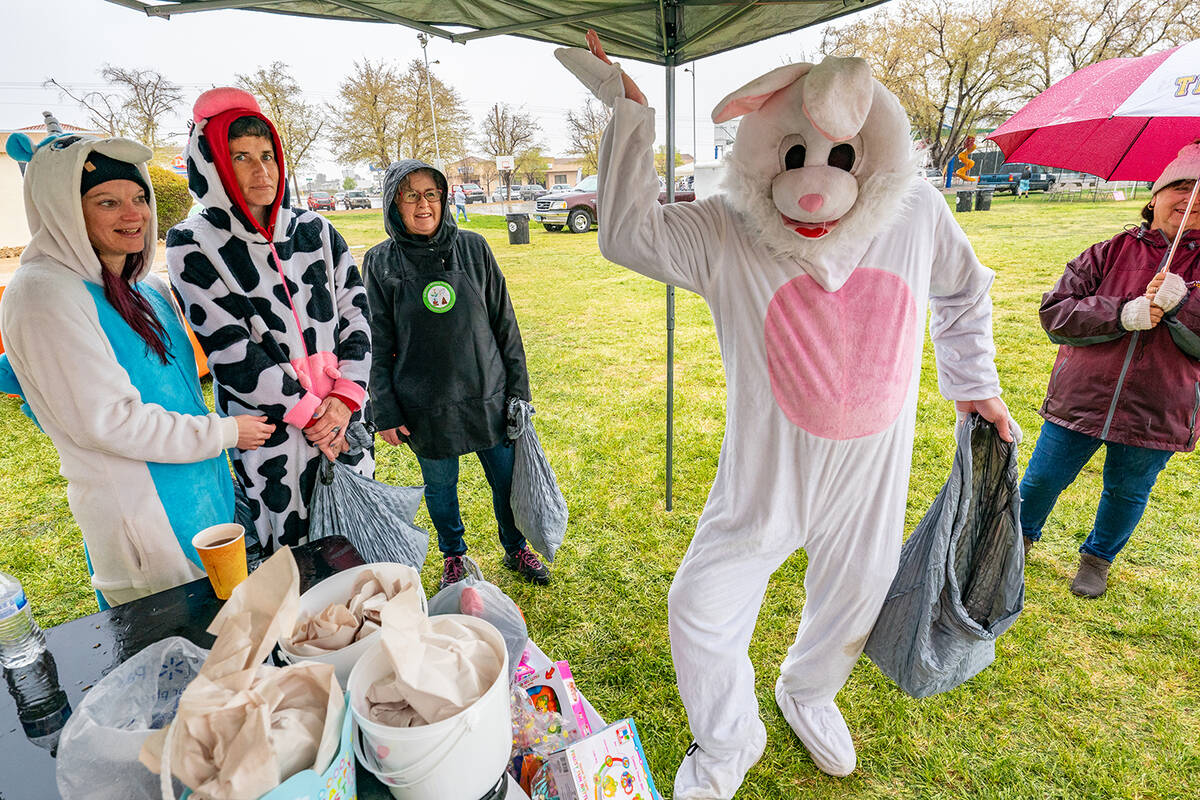John Clausen/Pahrump Valley Times The Easter Bunny strikes at pose at the Community Easter Picnic.