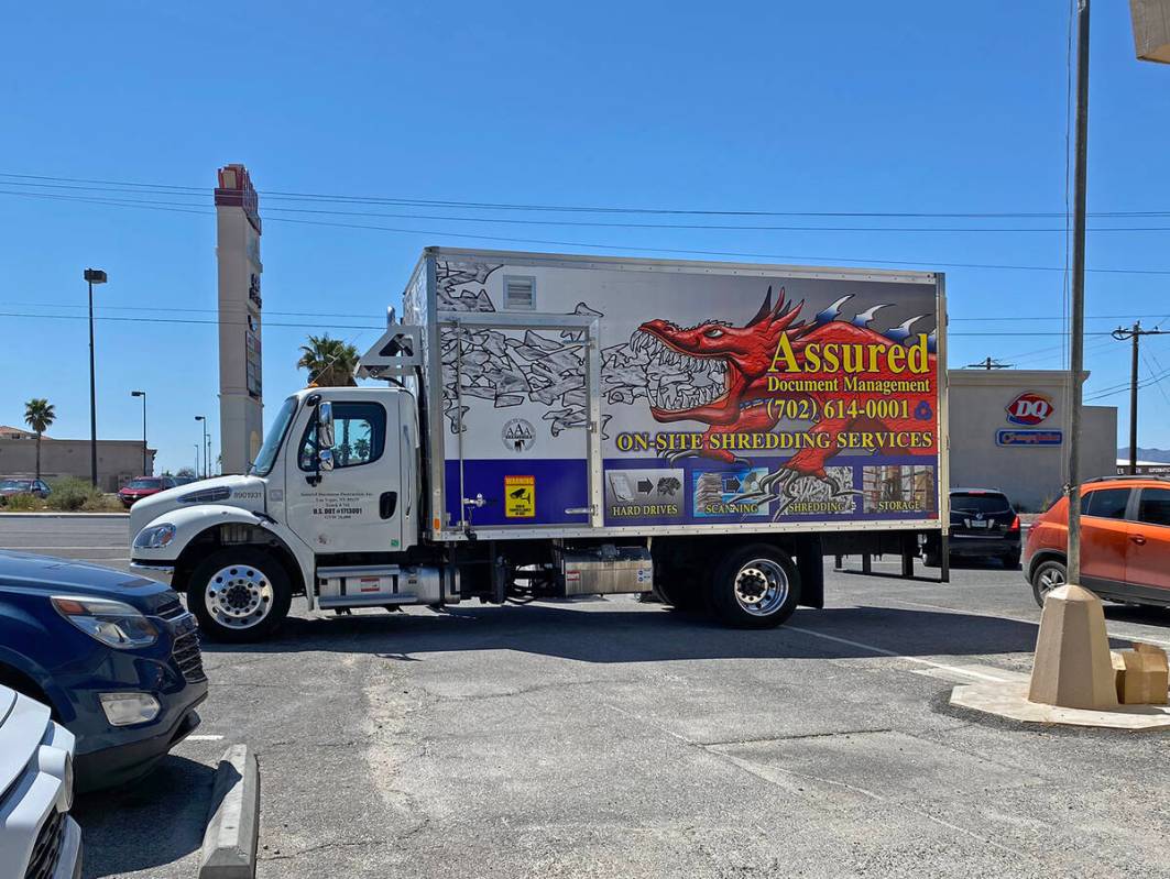 Robin Hebrock/Pahrump Valley Times A shredder truck was parked at the Bob Ruud Community Center ...