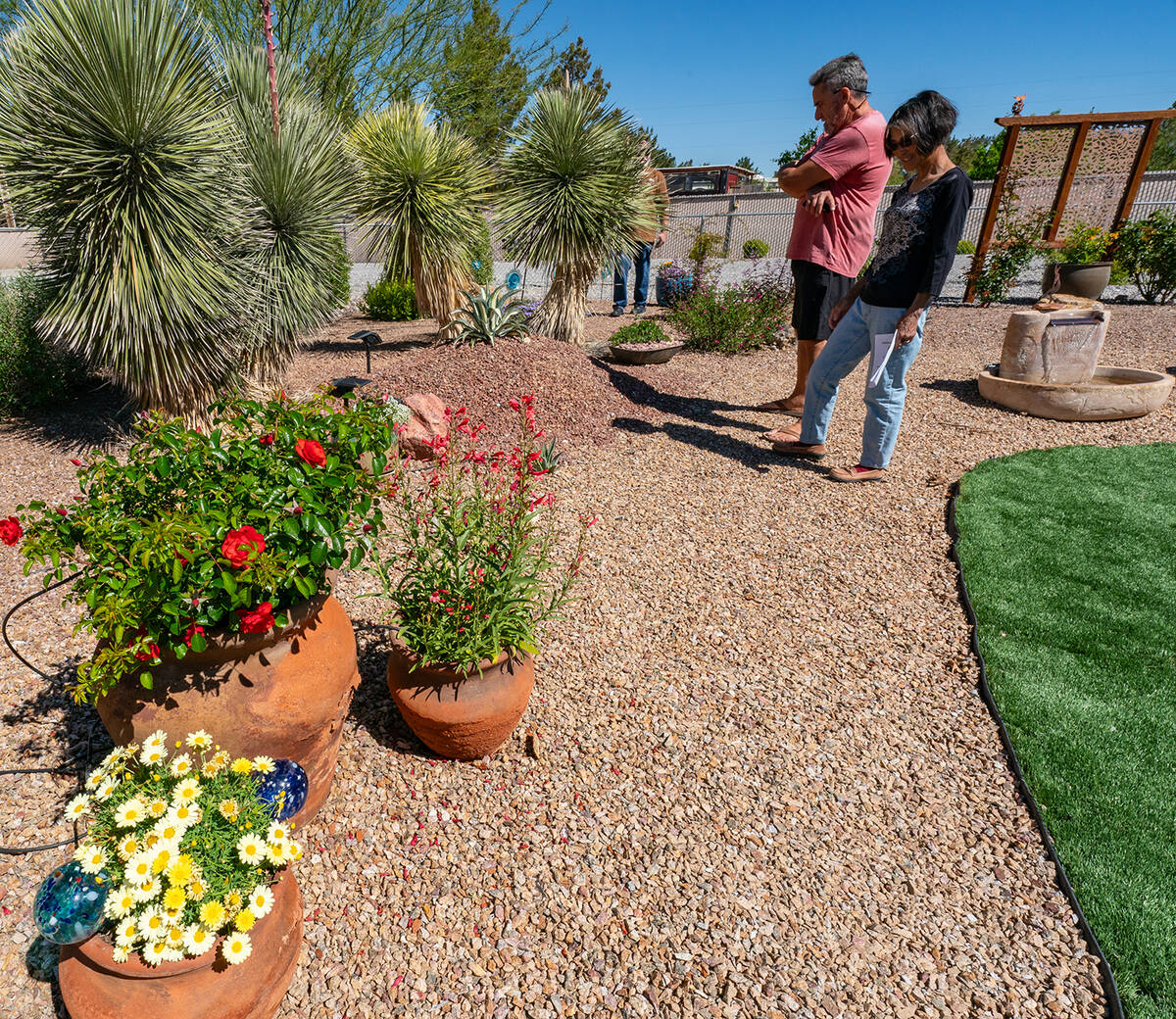 John Clausen/Pahrump Valley Times Landscape Tour attendees stroll down the manicured path past ...