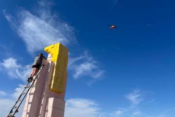 Brian Gibson/Special to the Pahrump Valley Times Volunteer Michelle Graves climbs a ladder to p ...