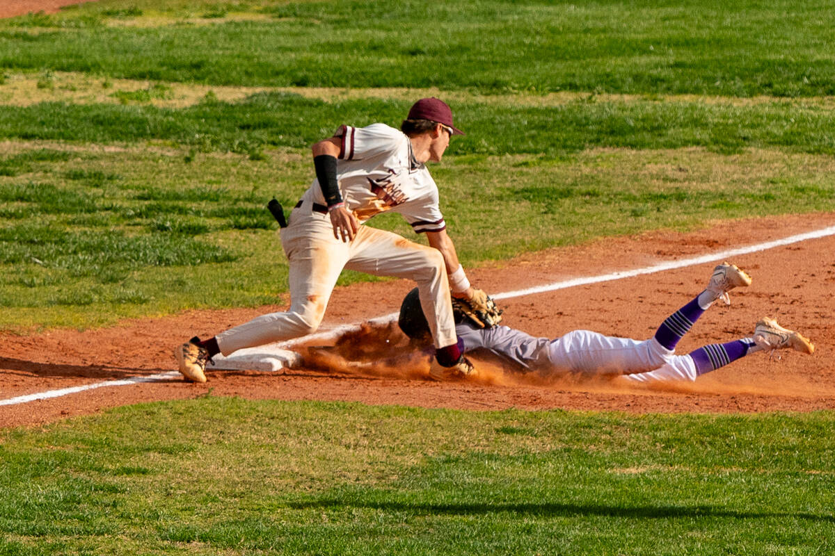 Pahrump Valley player grounds out Sunrise Mountain where the Trojans won 10-2 on Tuesday, April ...