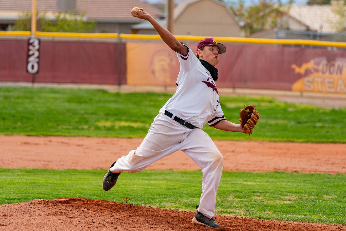 Trojan Joseph Leftwich IV pitches to a Sunrise Mountain batter in a game on Tuesday, April 2, 2 ...