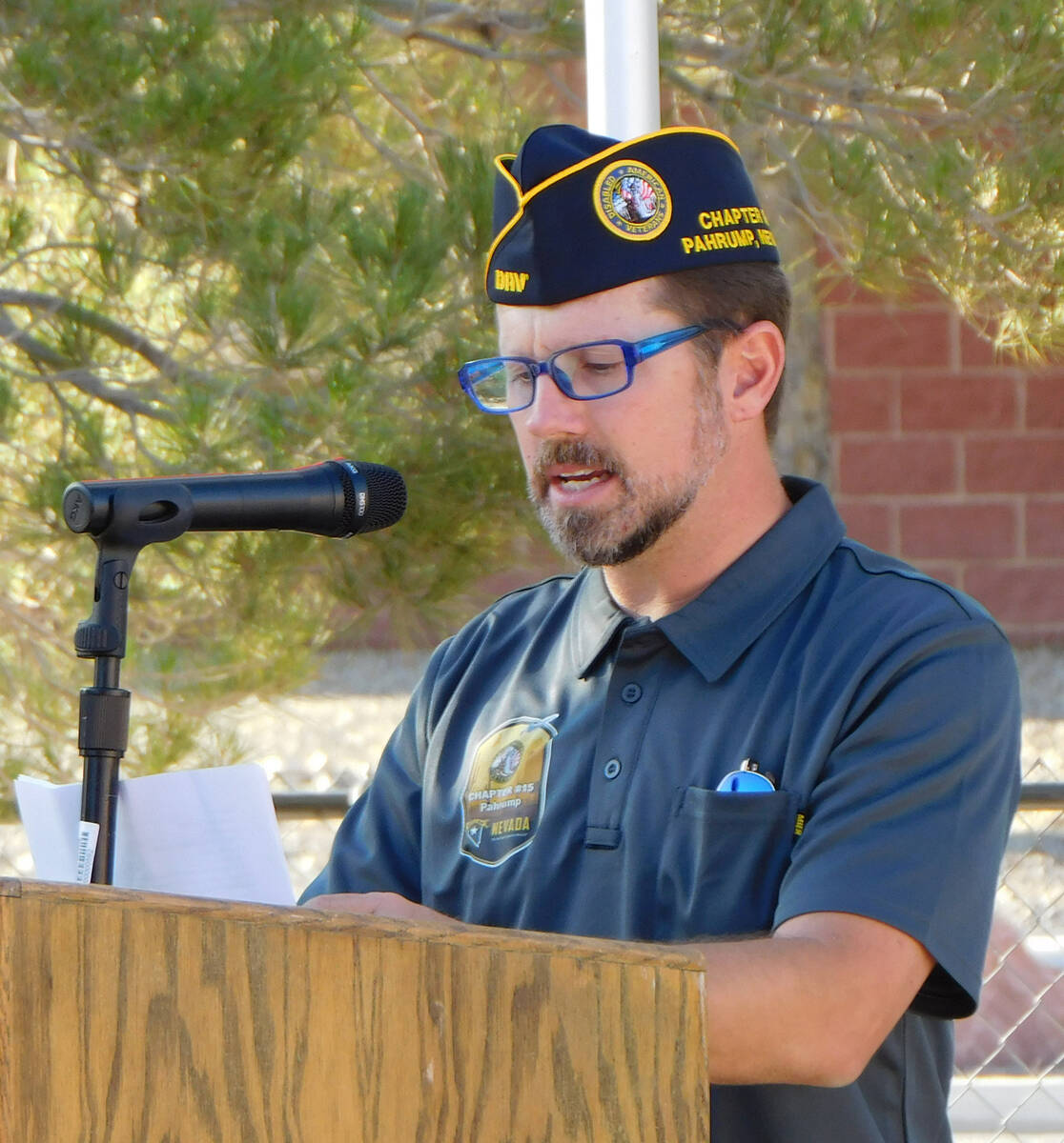 Robin Hebrock/Pahrump Valley Times DAV member Chad Lemons recites "The Quiet Time", a poem by S ...