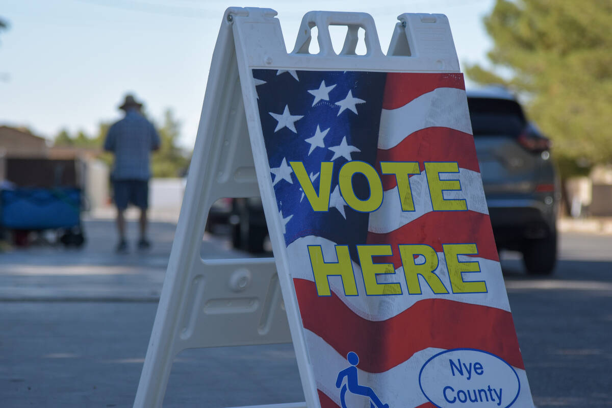 Voting sign outside the Bob Ruud Community center for Nevada primary day, on Tuesday, June 11, ...