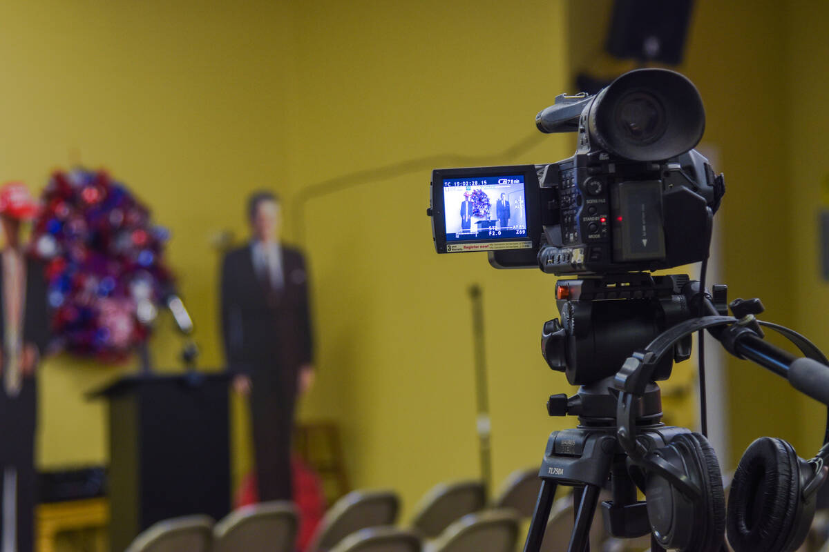 A video camera sets up before the Nye County Republican Central Committee Chairman, Leo Blundro ...